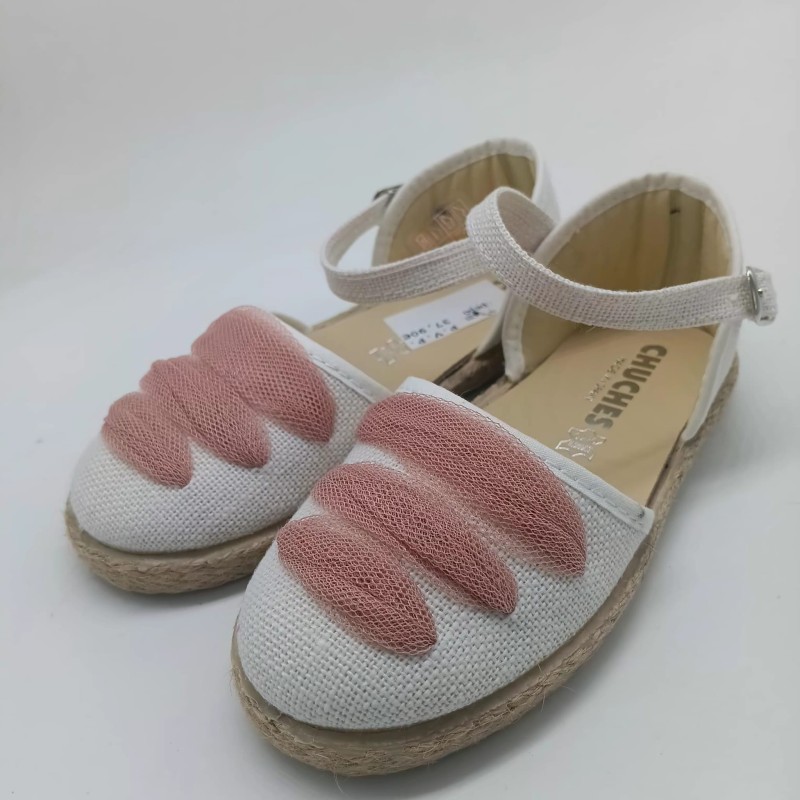 Alpargata lino blanco con lazo rosa