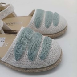 Alpargata lino blanco con lazo verde agua
