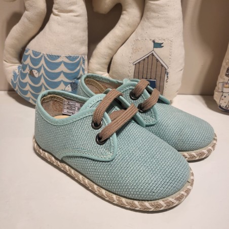 Alpargata con cordones en lino amarillo, verde agua y verde militar