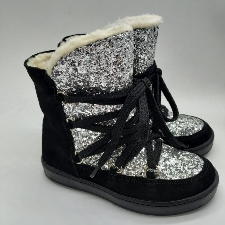 Botín en serraje negro y glitter plata